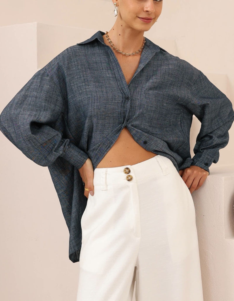 Billie Button Down Long Sleeve Shirt in Indigo