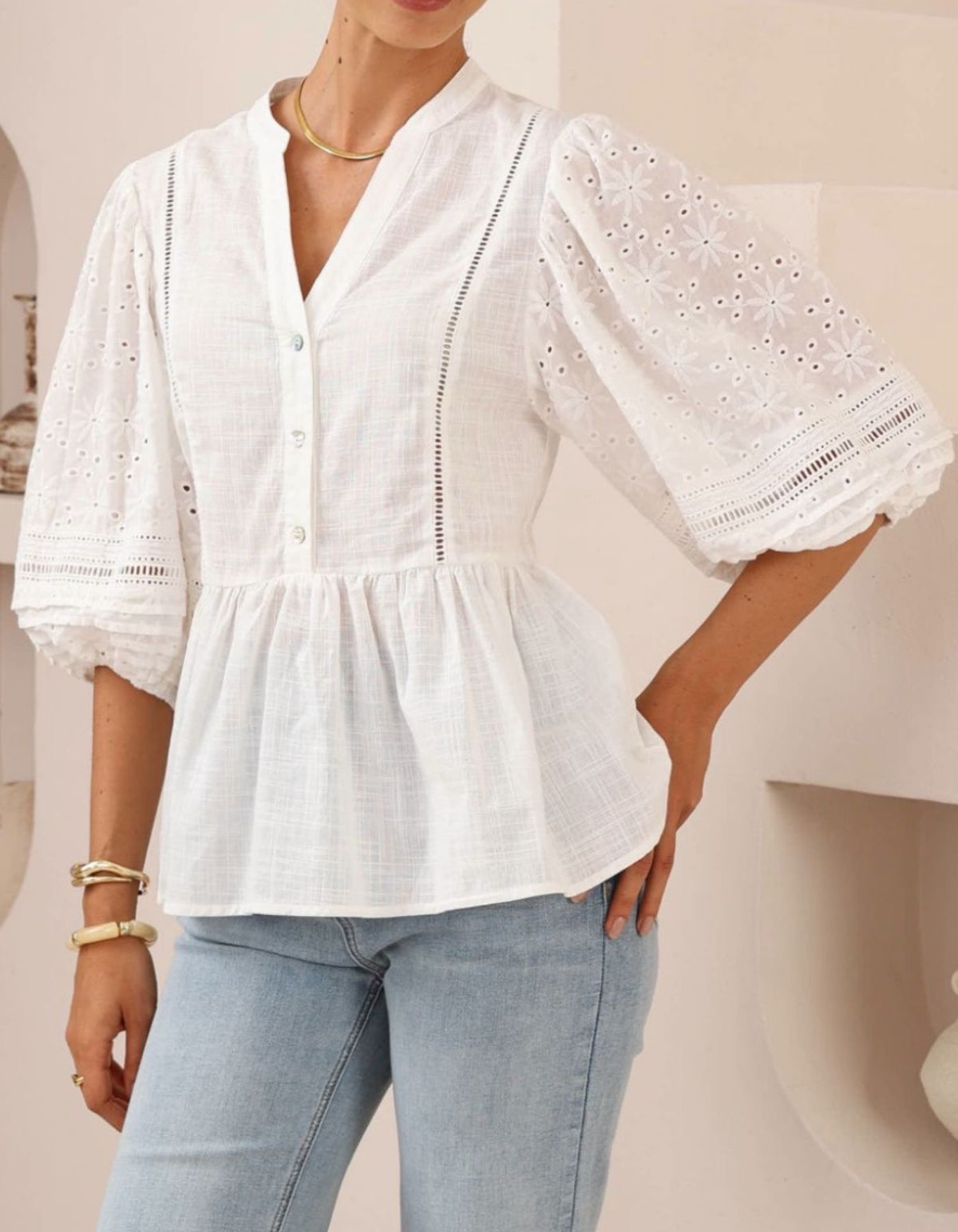Camille V Neck Broderie Anglaise Sleeve Top in White