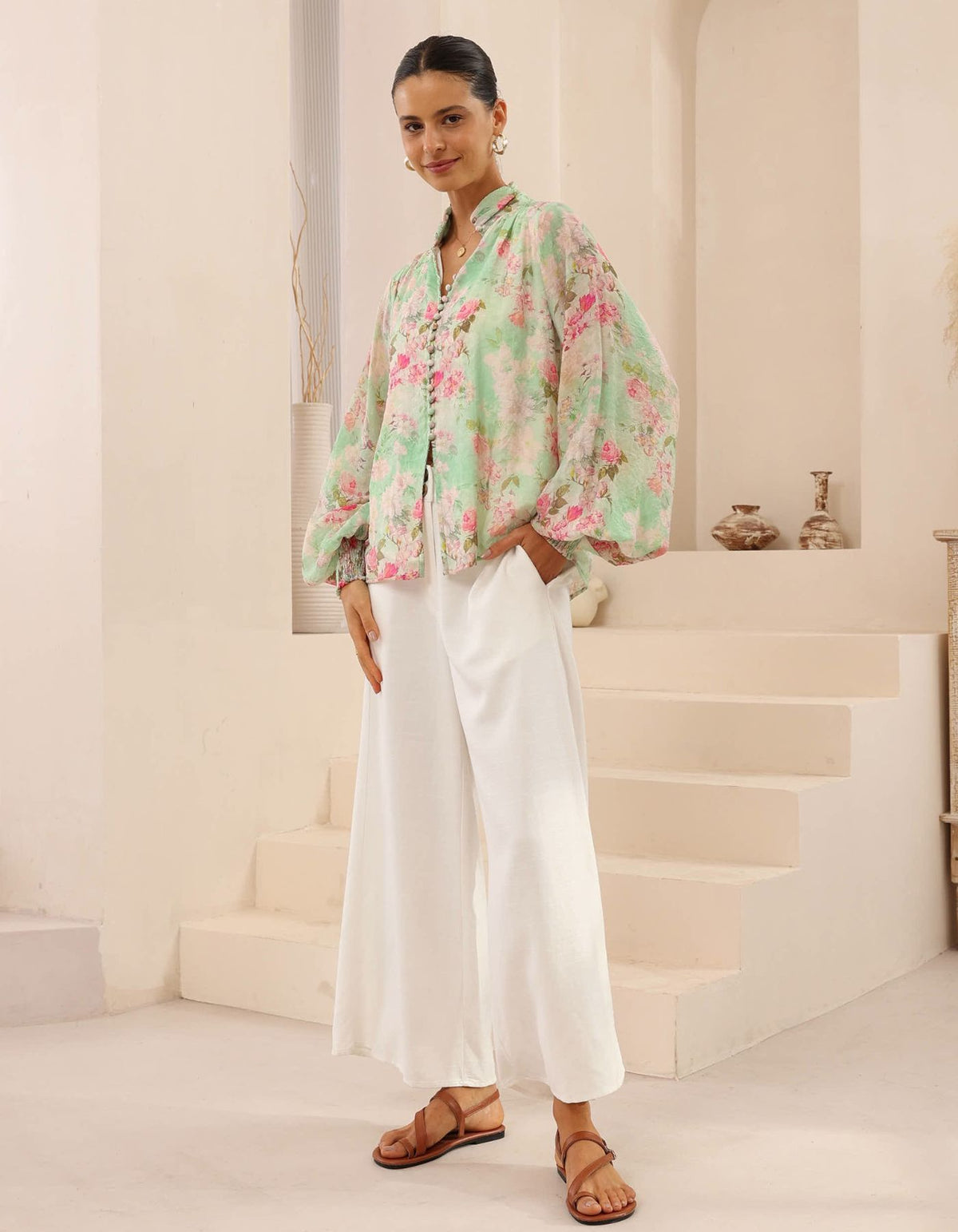 Estellle Button Down Blouse in Green/Pink Floral Print