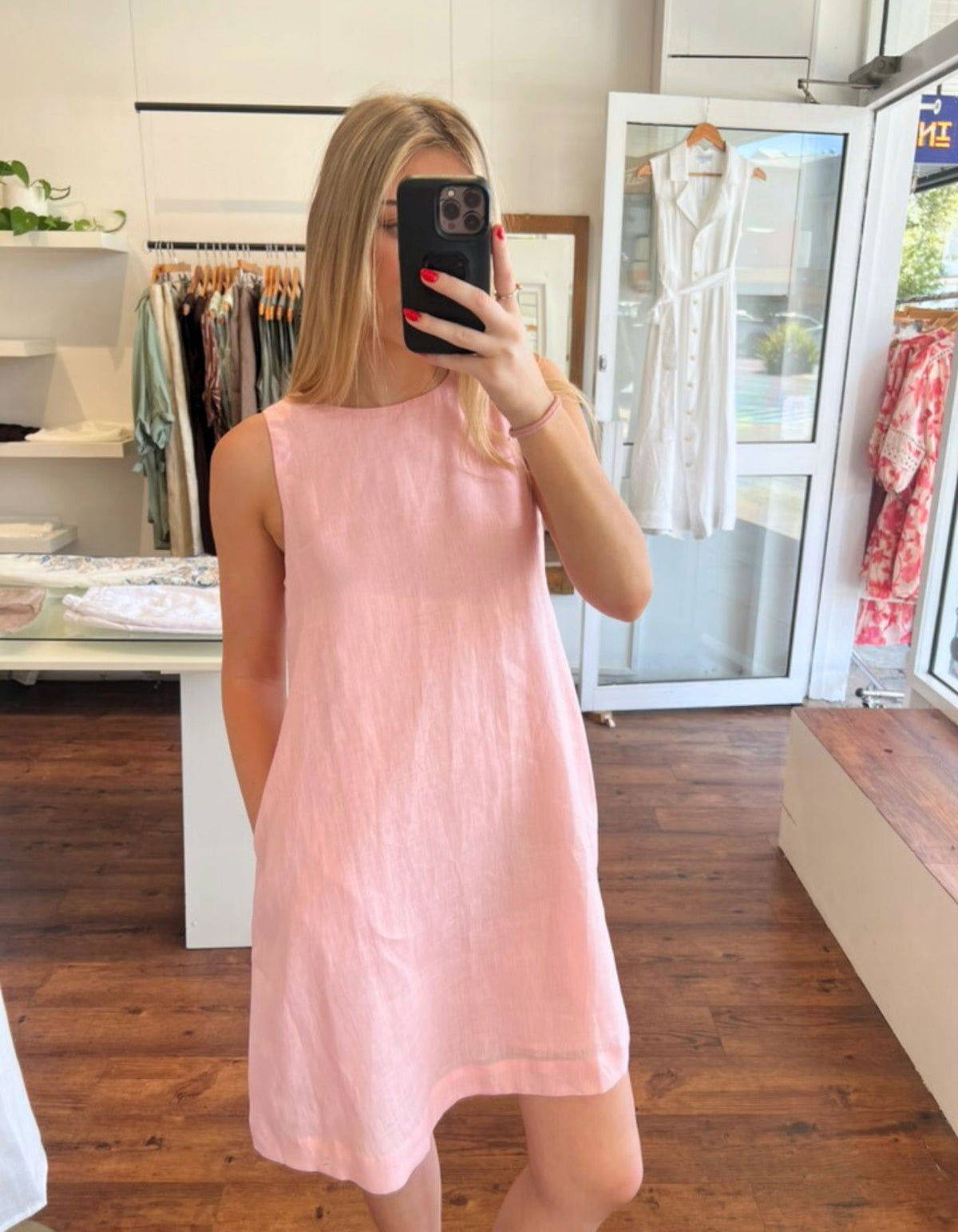 Apex A Line Sleeveless Linen Shift Dress in Light Pink
