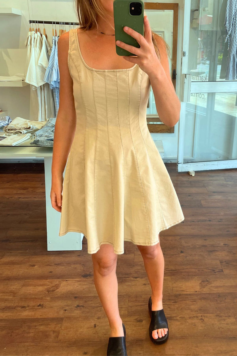 Skye Sleeveless Fitted Bodice Short Dress in Beige