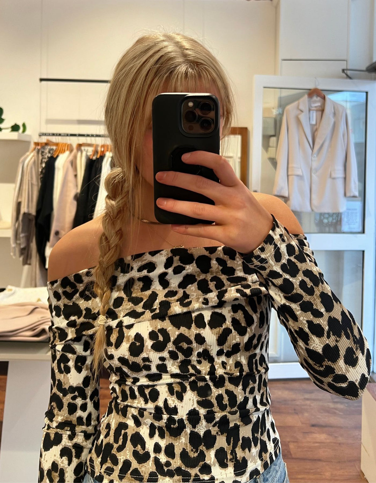 Porto Off Shoulder Long Sleeve Fitted Top in Leopard Print