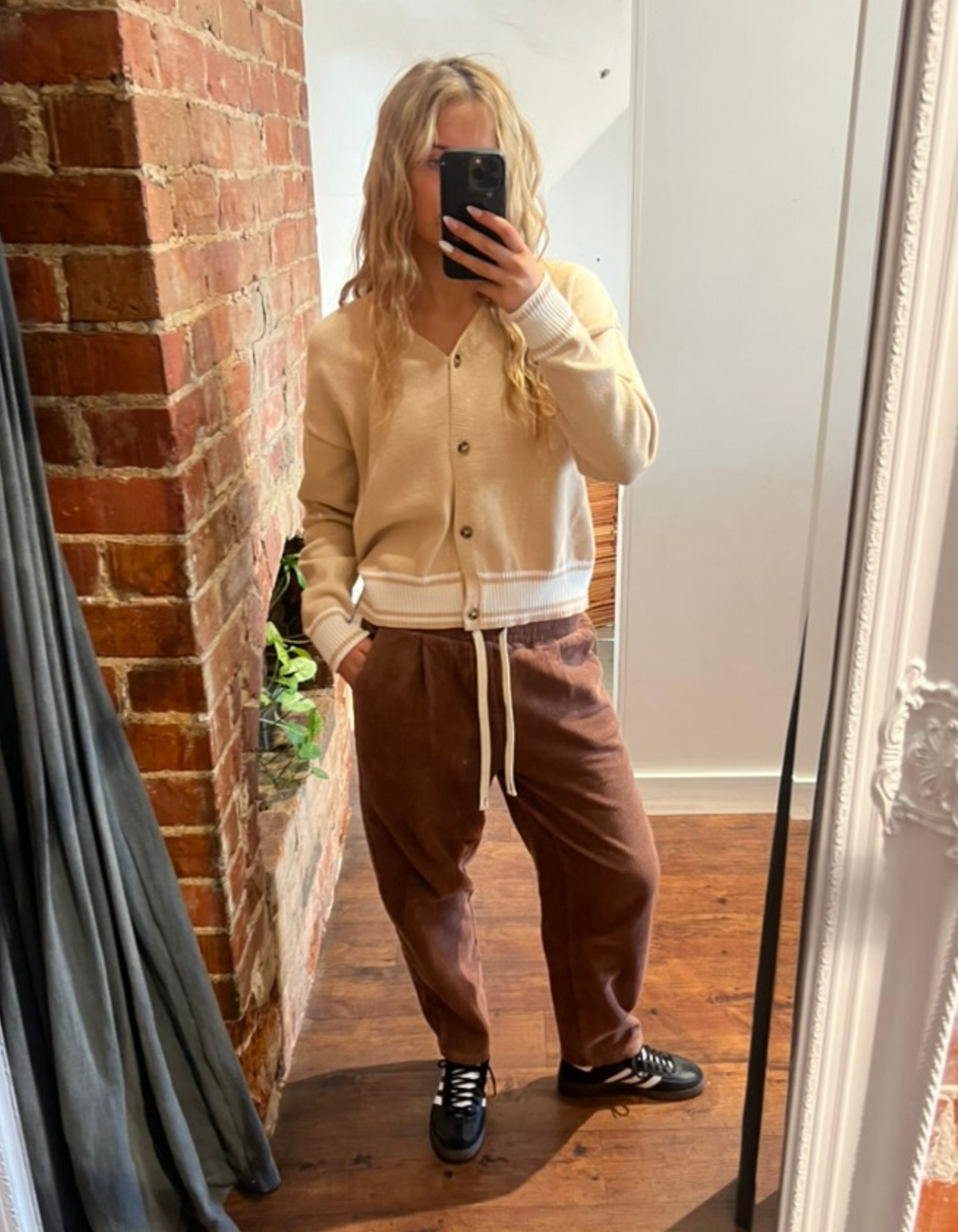 Mira V-Neck Contrast Trim Button-Up Cardigan in Beige