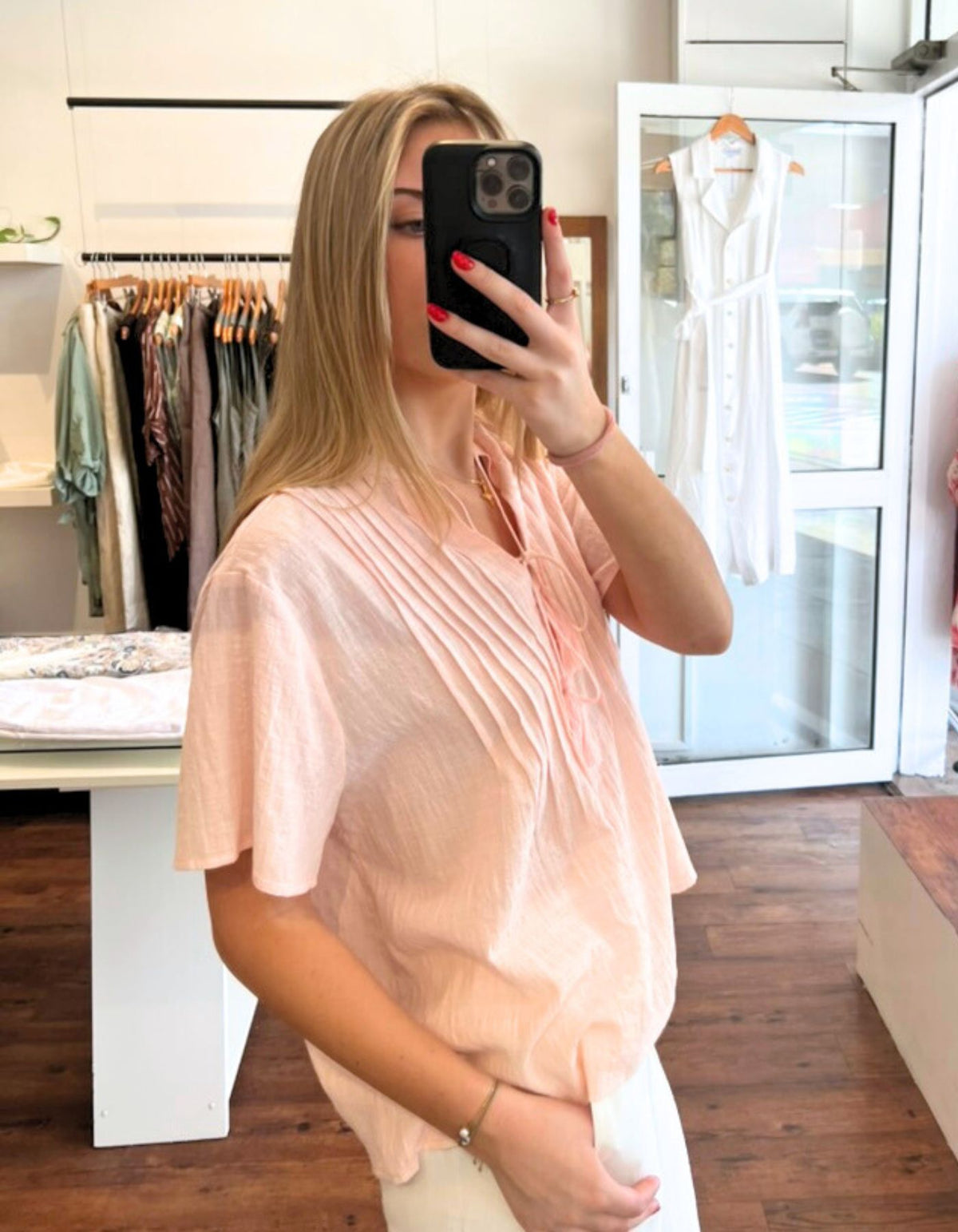 Mae V Neck Pintuck Cotton Top in Light Pink