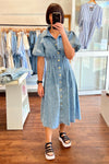 Austin Short Sleeve Button Down Midaxi Dress in Blue Wash Denim