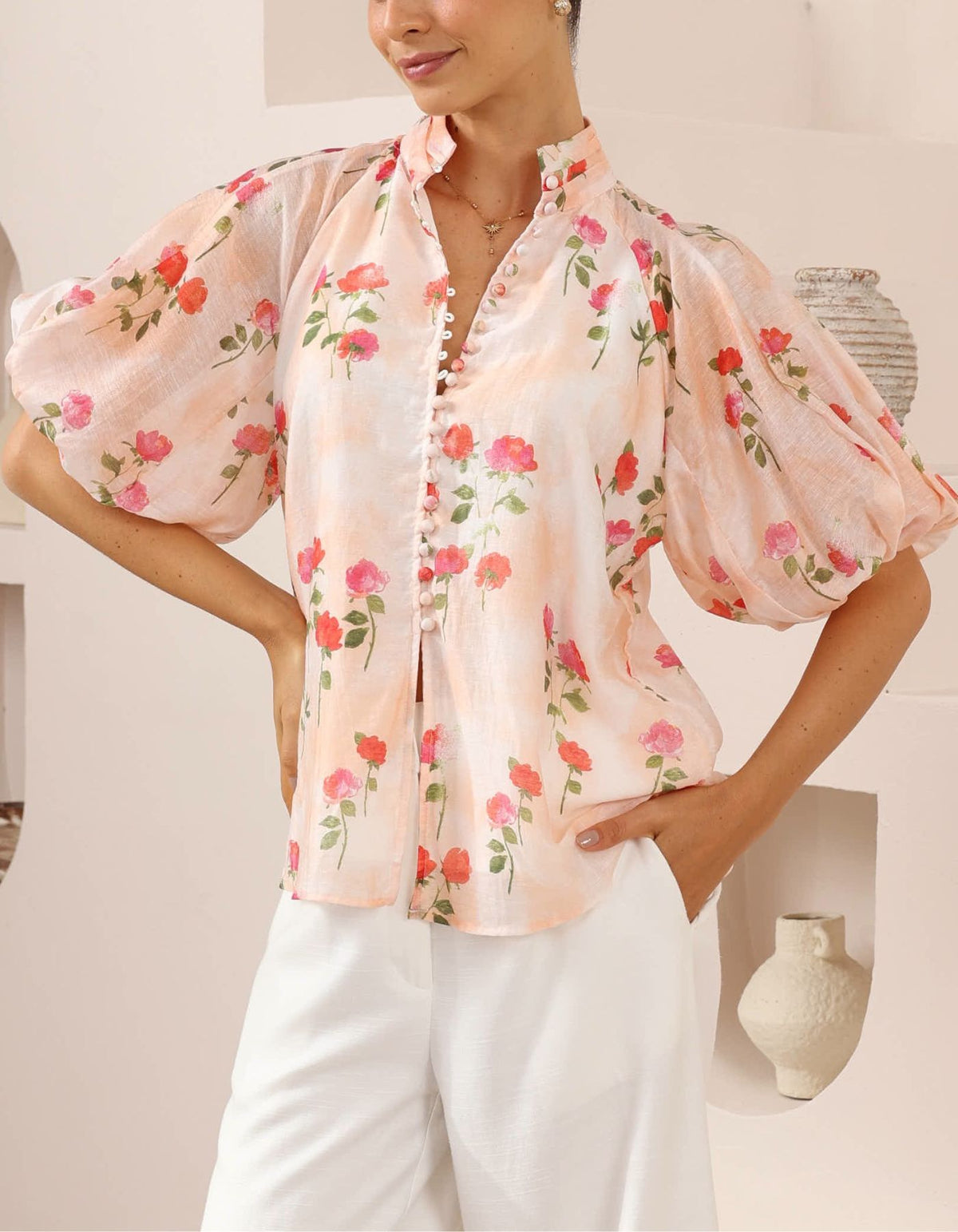 Amari Button Down Blouse in Pink Floral Print