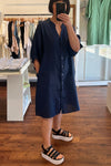 Burbank Relaxed Fit Button Down Dress in Navy Linen