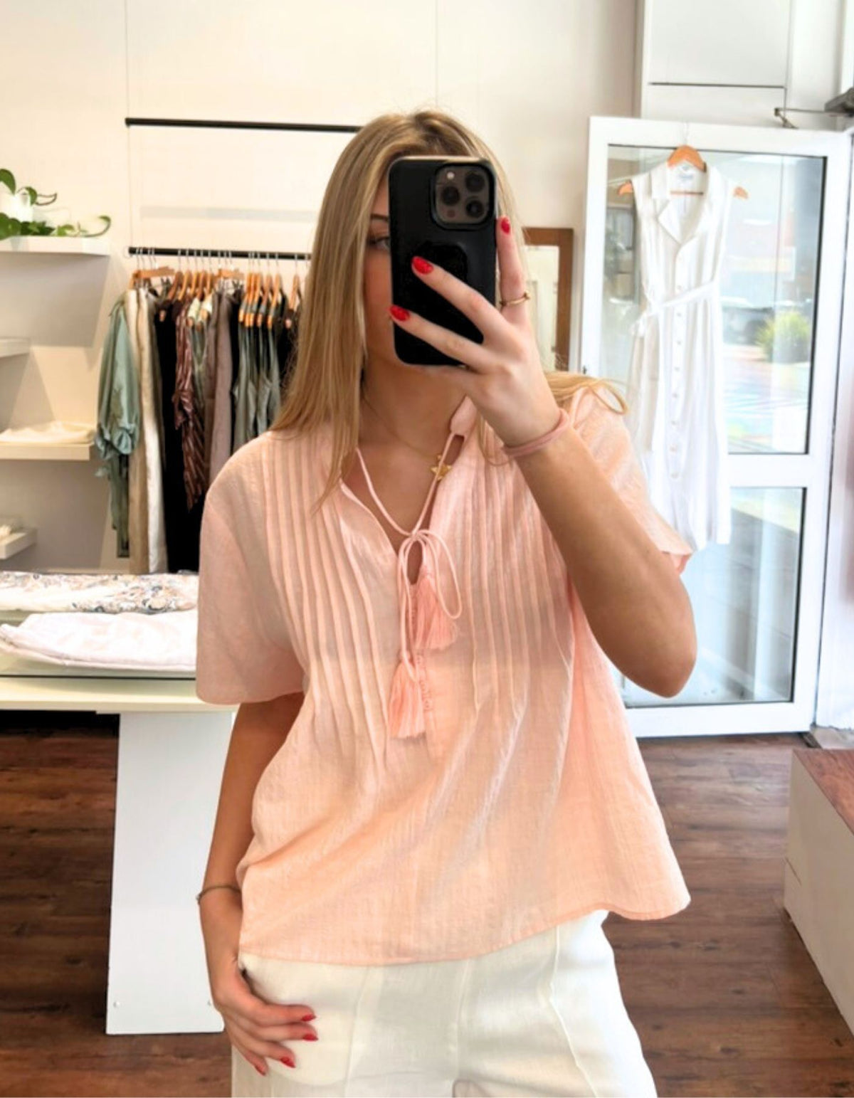 Mae V Neck Pintuck Cotton Top in Light Pink