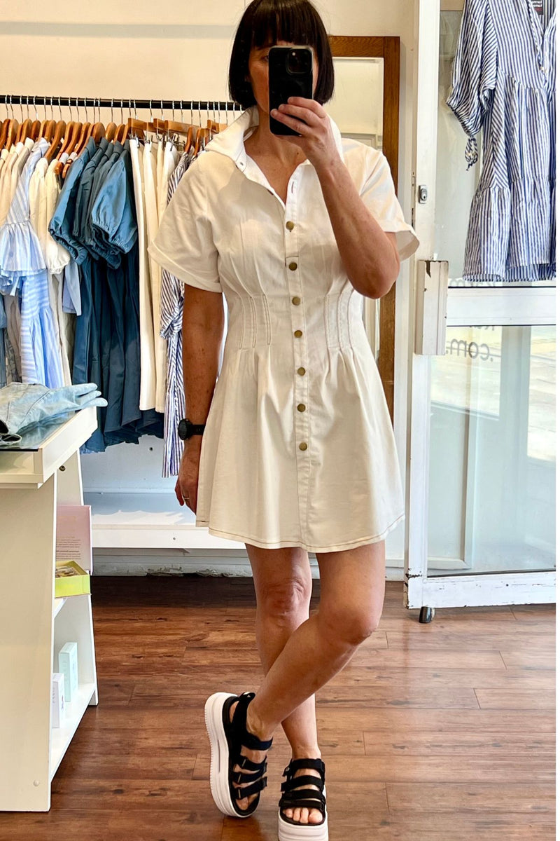 Tampa Short Sleeve Button Down Dress in White Denim