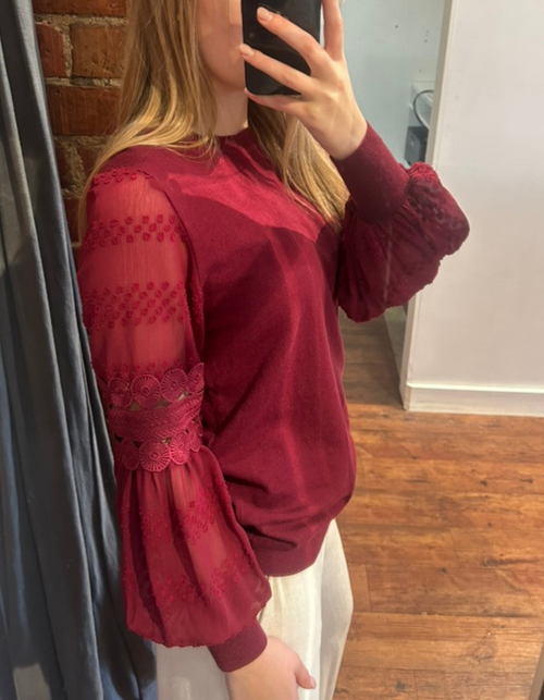 Teagan Long Lace Sleeve Top in Burgundy