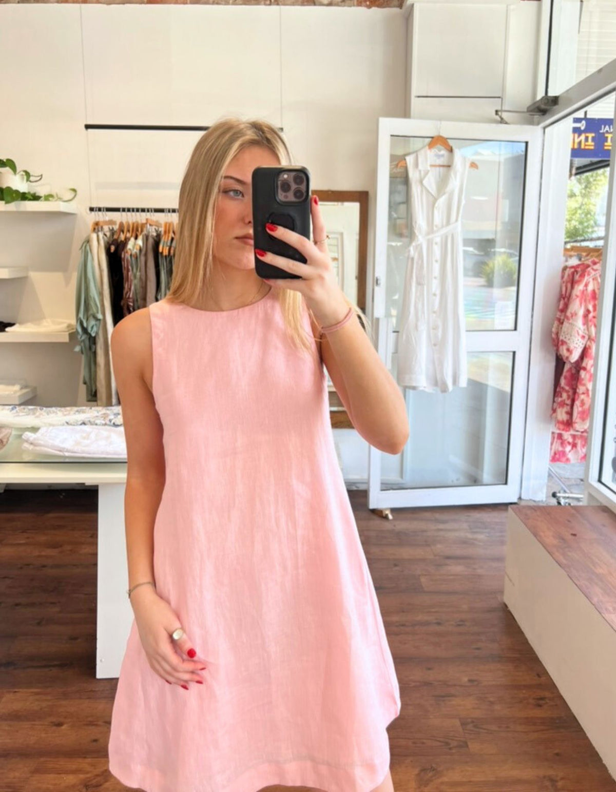 Apex A Line Sleeveless Linen Shift Dress in Light Pink