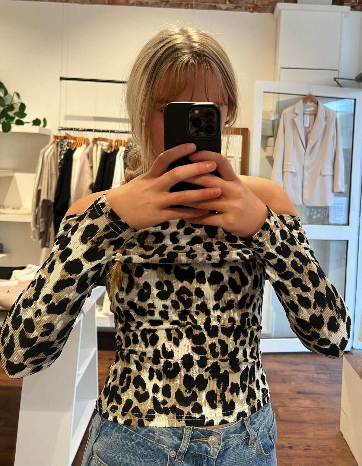Porto Off Shoulder Long Sleeve Fitted Top in Leopard Print