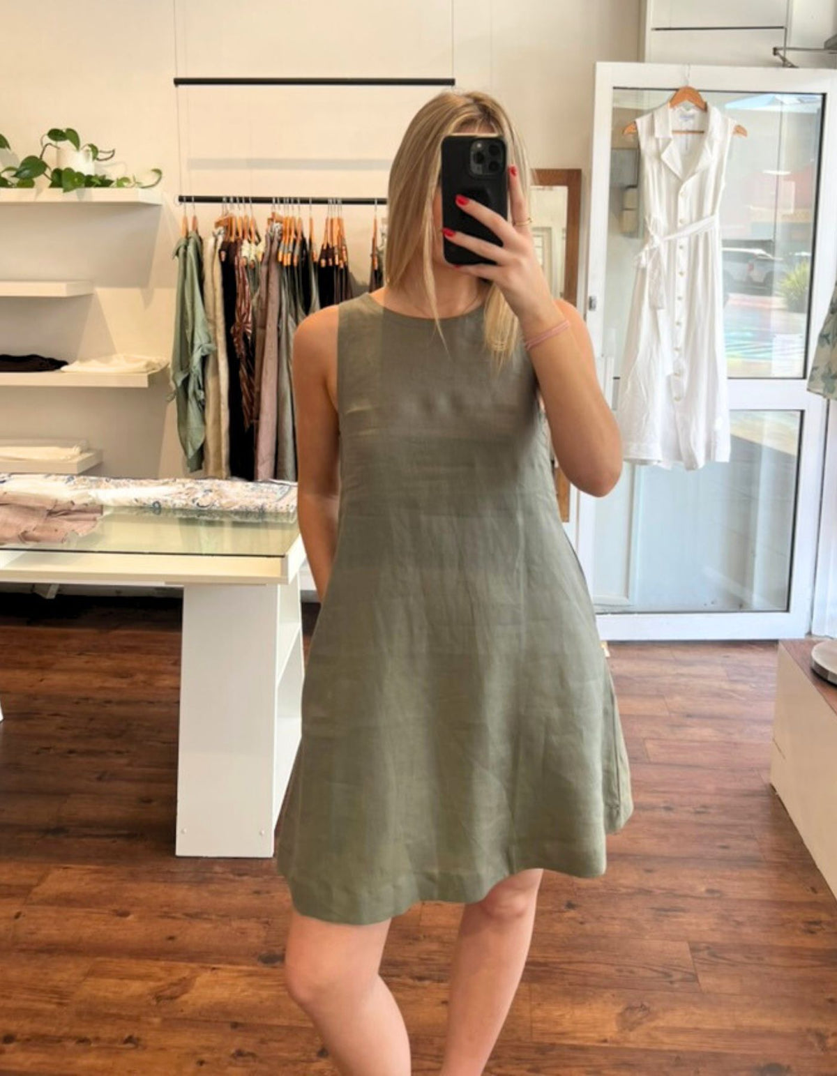 Apex A Line Sleeveless Linen Shift Dress in Khaki