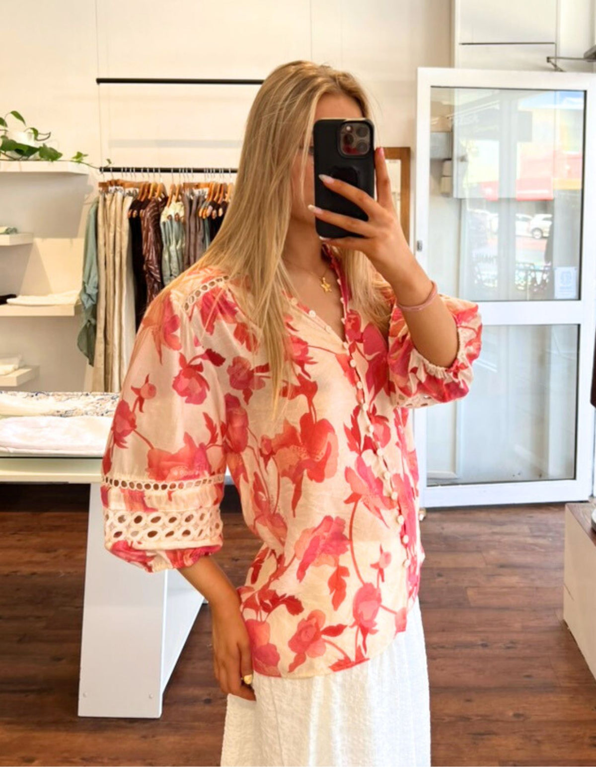 Arin Button Down 3/4 Sleeve Top in Pink Floral