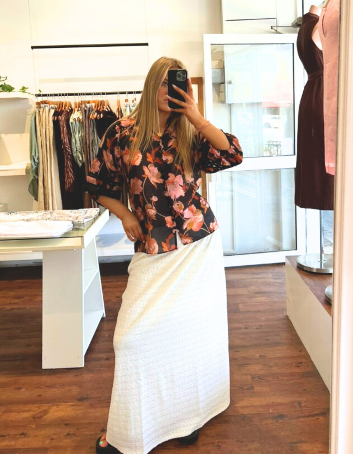 Arin Button Down 3/4 Sleeve Top in Black Floral