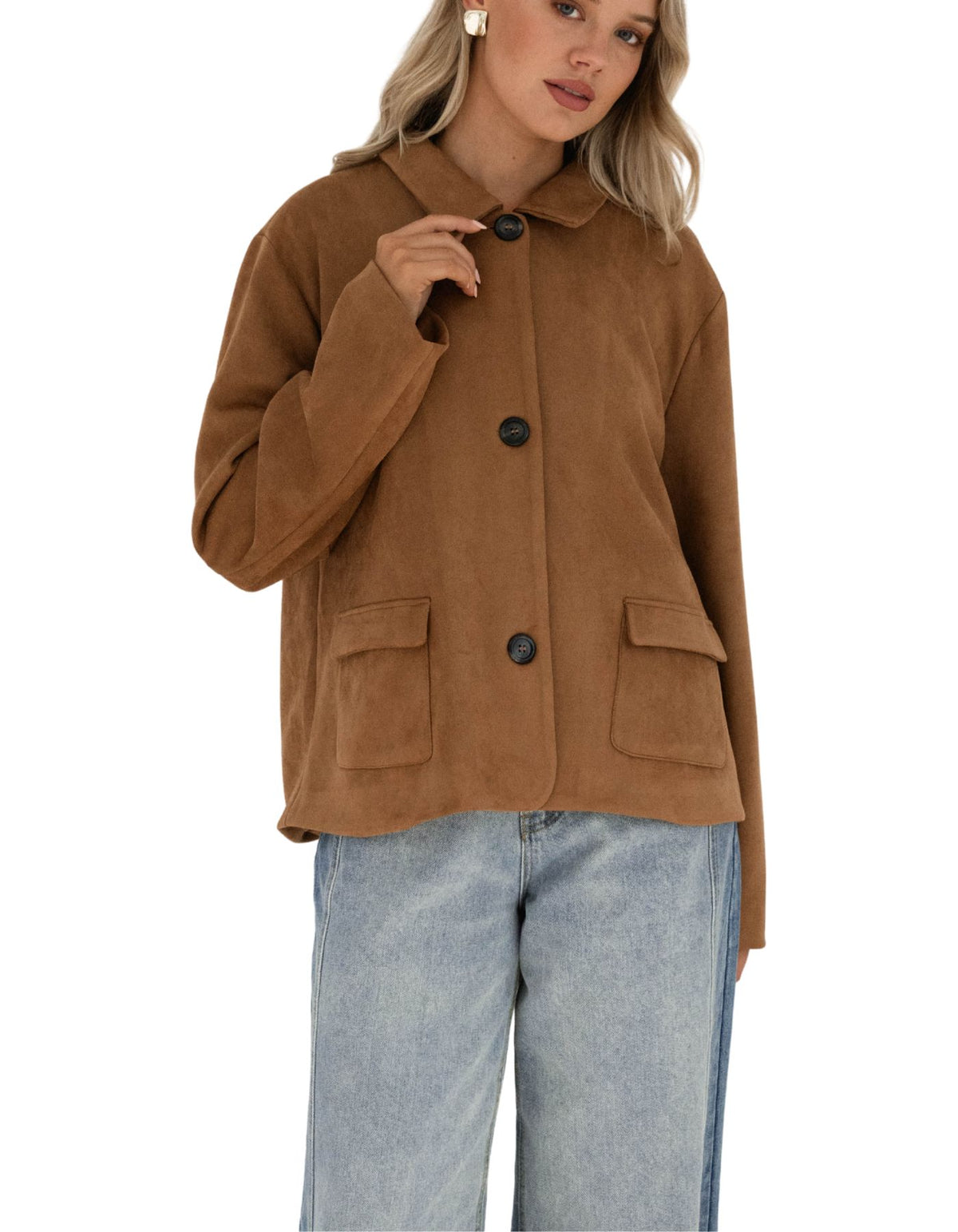 Reese Relaxed Button Up Suede Jacket in Camel
