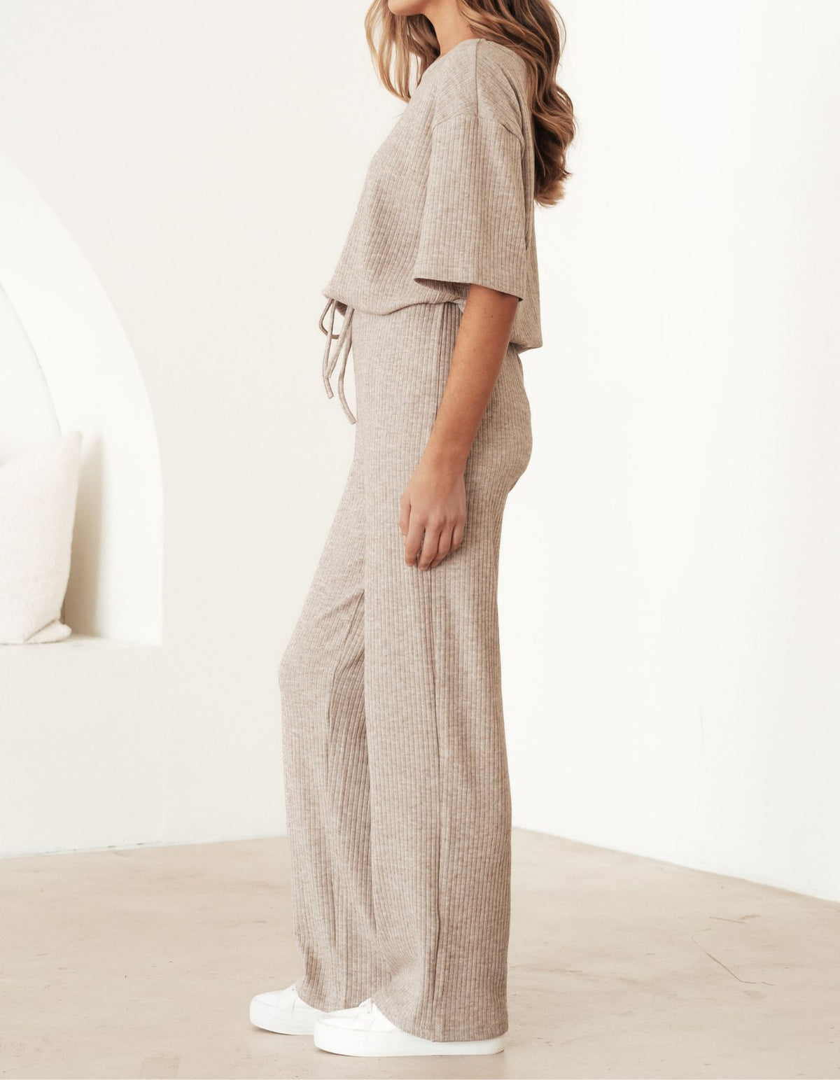 Nash Relaxed Fit Rib Knit Pants in Beige