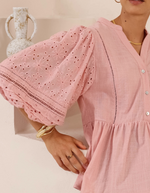 Camille V Neck Broderie Anglaise Sleeve Top in Pink