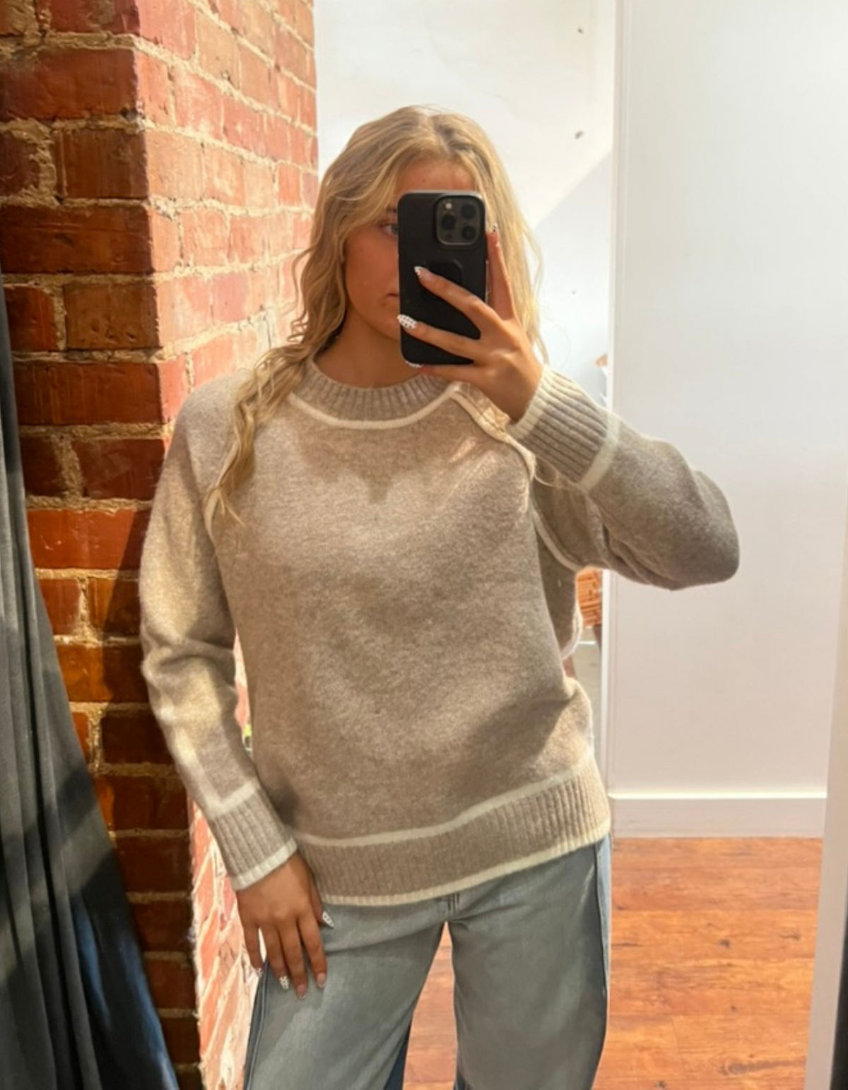 Kobe Crew Neck White Line Jumper in Beige