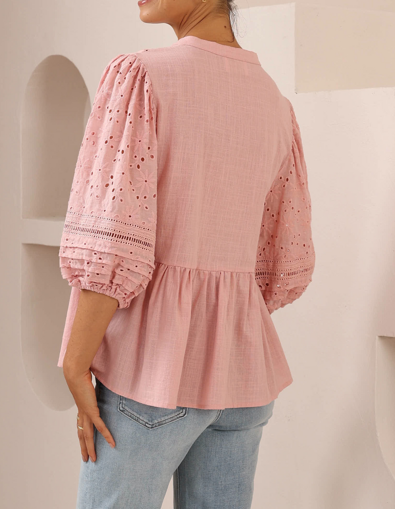 Camille V Neck Broderie Anglaise Sleeve Top in Pink
