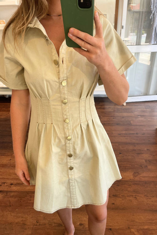 Tampa Short Sleeve Button Down Dress in Beige Denim