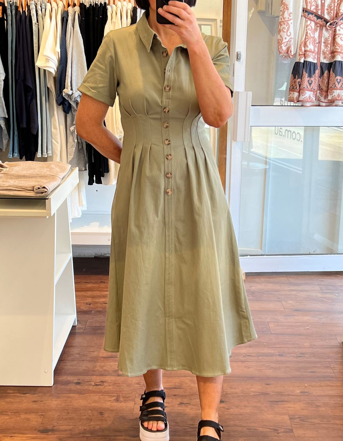 Kris Short Sleeve Button Down Midi Dress in Khaki