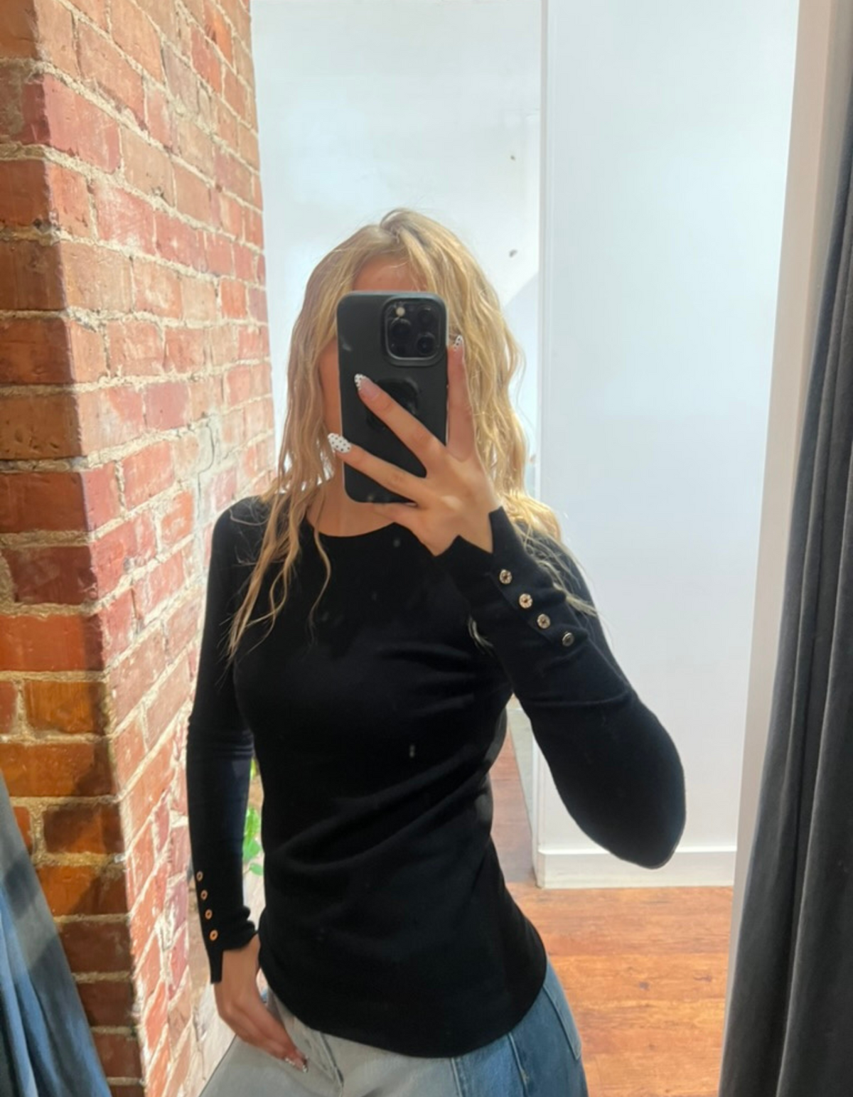 Arlo Crew Neck Button Cuff Knit Top in Black