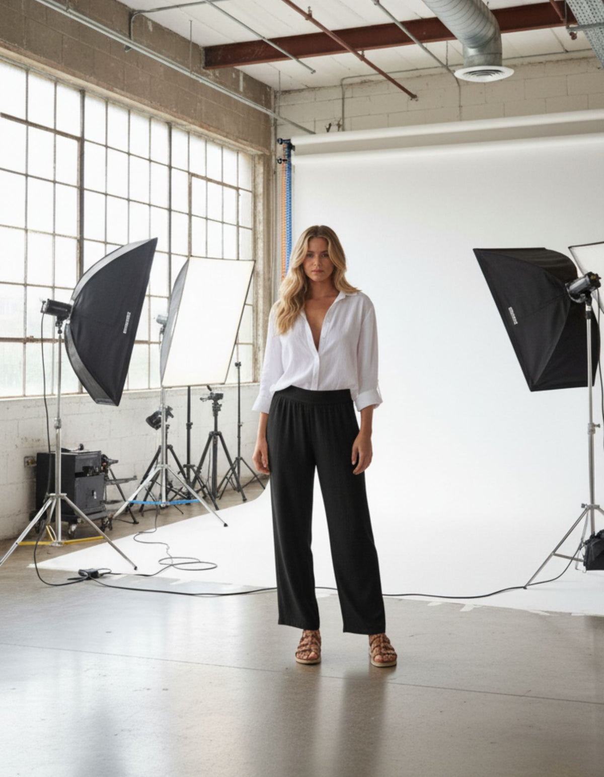 Cali Elastic Back Waist Wide Leg Pants in Black Linen