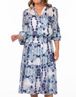 Eva Button Down Long Sleeve Midi Dress in Blue Print