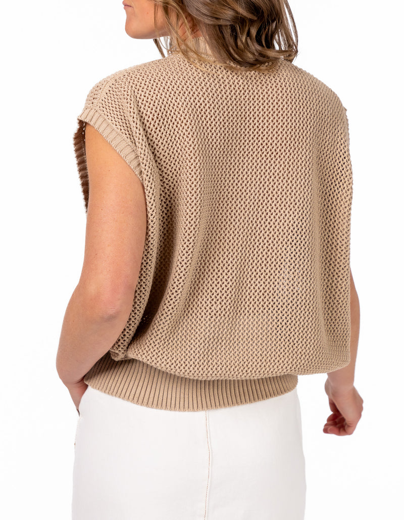 York Relaxed Fit V Neck Crochet Vest in Beige