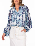 Adele Button Down Long Sleeve Blouse in Blue Print
