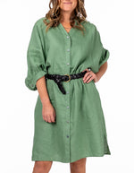 Burbank Relaxed Fit Button Down Dress in Cool Green Linen