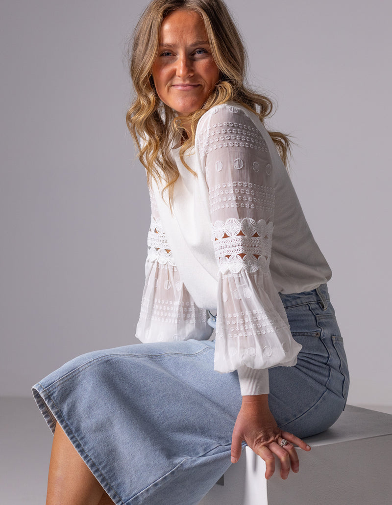 Teagan Long Sleeve Lace Sleeve Top in White