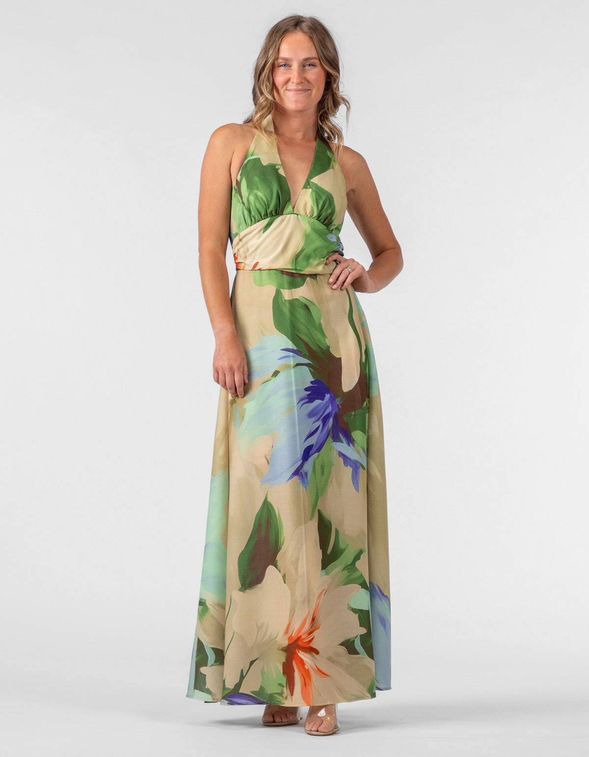 Barnet Halter Neck Maxi Dress in Beige Floral Print