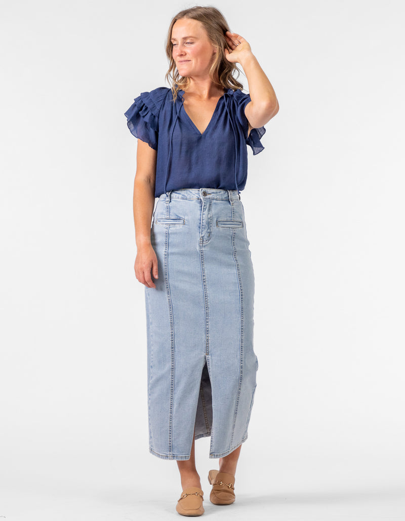 Clifton Stretch Denim Maxi Skirt in Light Blue Wash