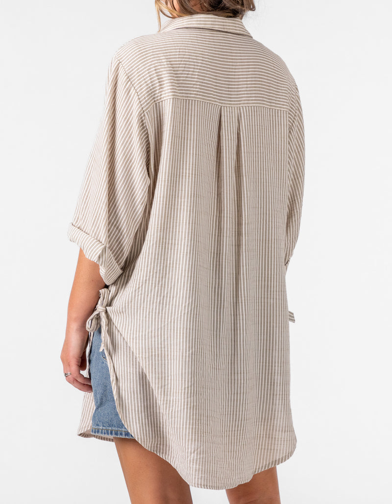 Flinders Oversize Button Down Shirt in Beige Stripe
