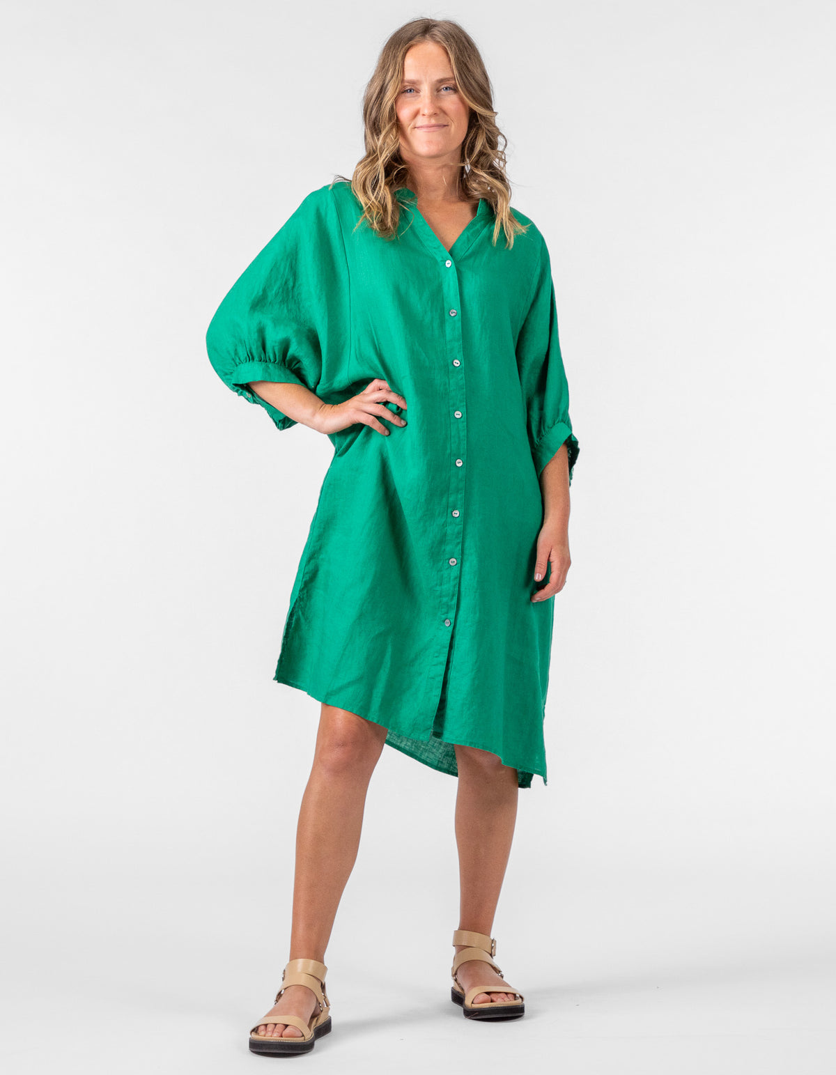 Burbank Relaxed Fit Button Down Dress in Green Linen