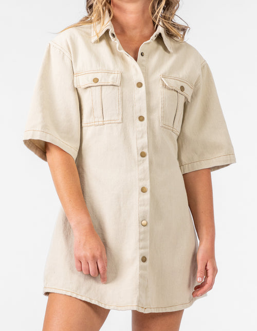 Islington Button Down Collar Dress in Oatmeal Cotton