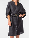 Burbank Relaxed Fit Button Down Dress in Black Linen