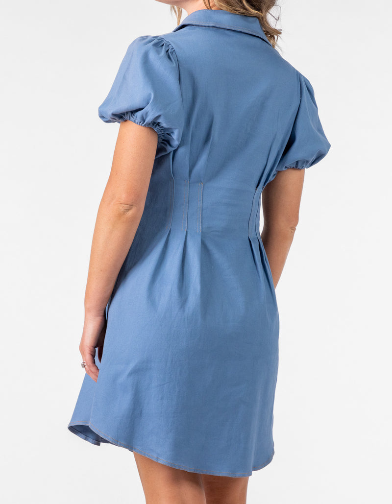 Brighton Short Sleeve Button Down Dress in Blue