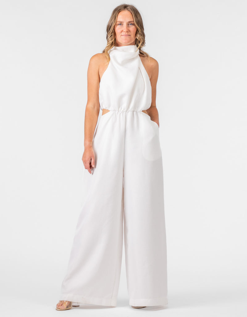 Hermosa Halter Neck Wide Leg Playsuit in White