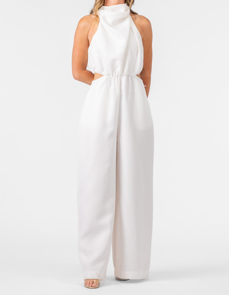 Hermosa Halter Neck Wide Leg Playsuit in White