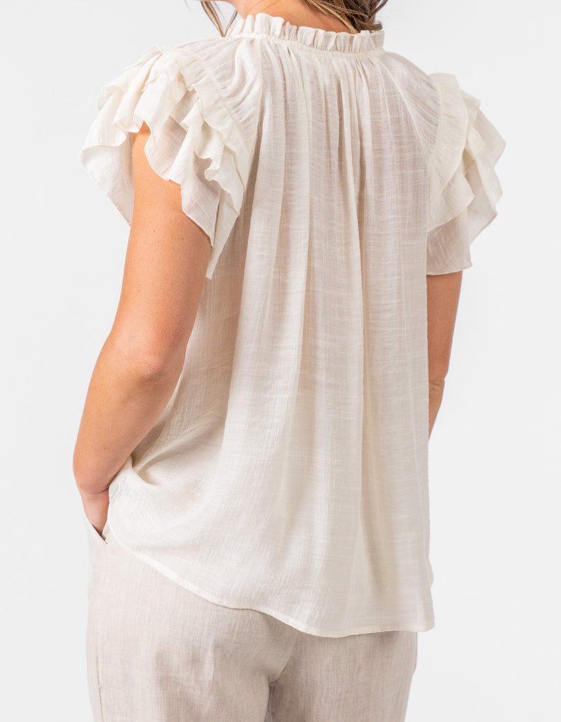 Chloe V Neck Ruffle Sleeve Top in Cream