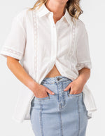 Sofia Button Down Short Sleeve Shirt in White Lace