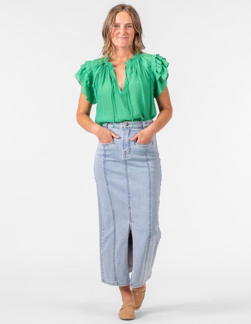 Clifton Stretch Denim Maxi Skirt in Light Blue Wash