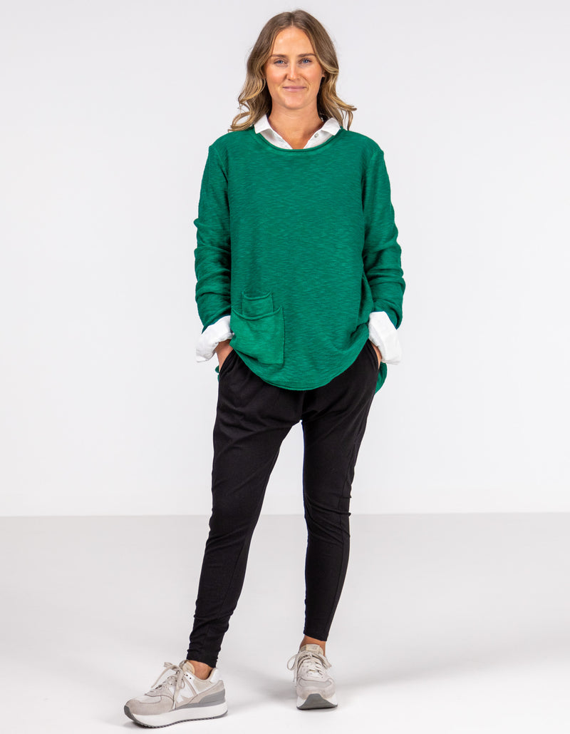 Lennon Long Sleeve Rolled Edge Top in Green Linen