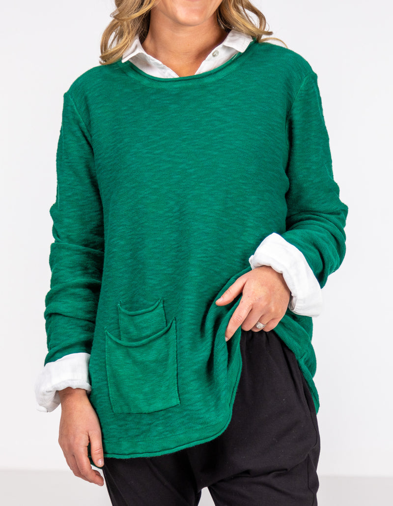 Lennon Long Sleeve Rolled Edge Top in Green Linen