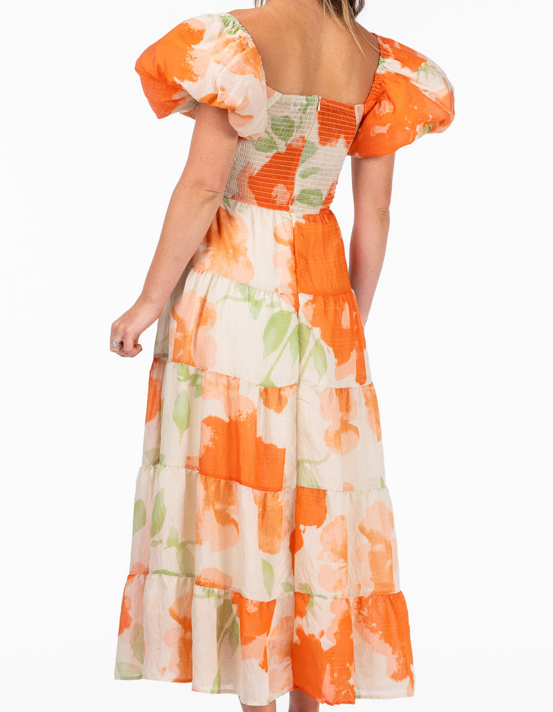 Carlow Balloon Sleeve Twist Bodice Midaxi Dress in Orange Print