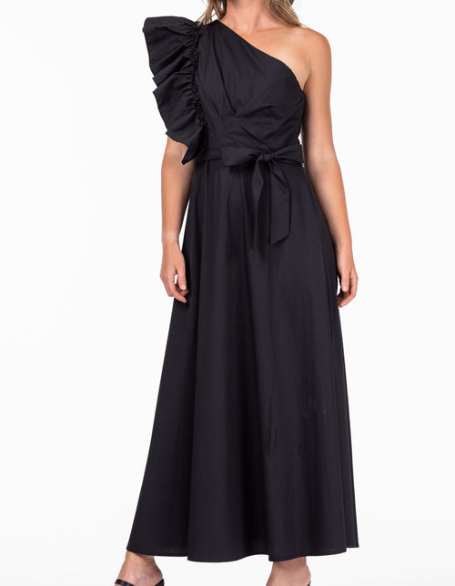 Poole One Shoulder Frill Midi Dress in Black