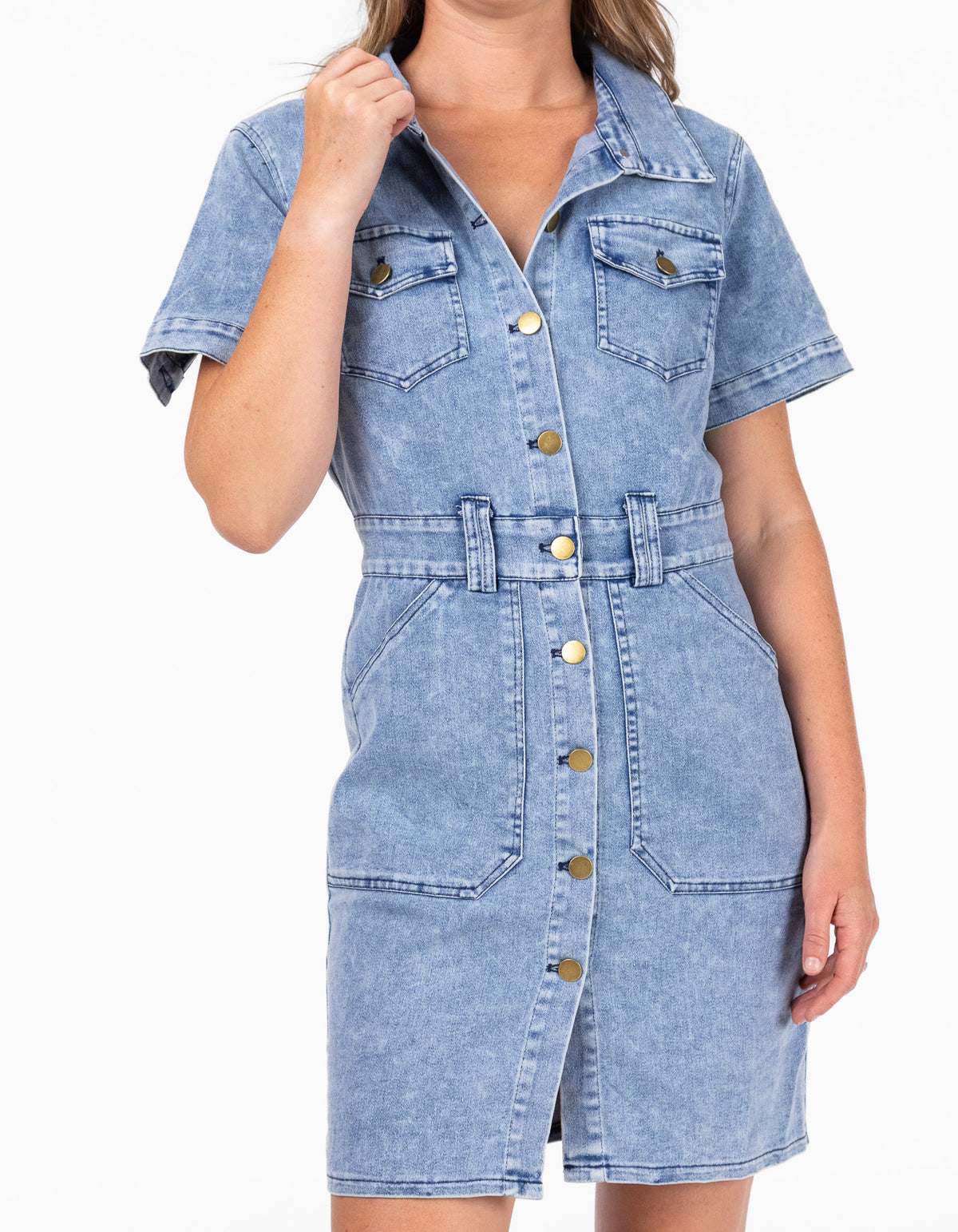 Bray Button Down Short Sleeve Dress in Blue Denim